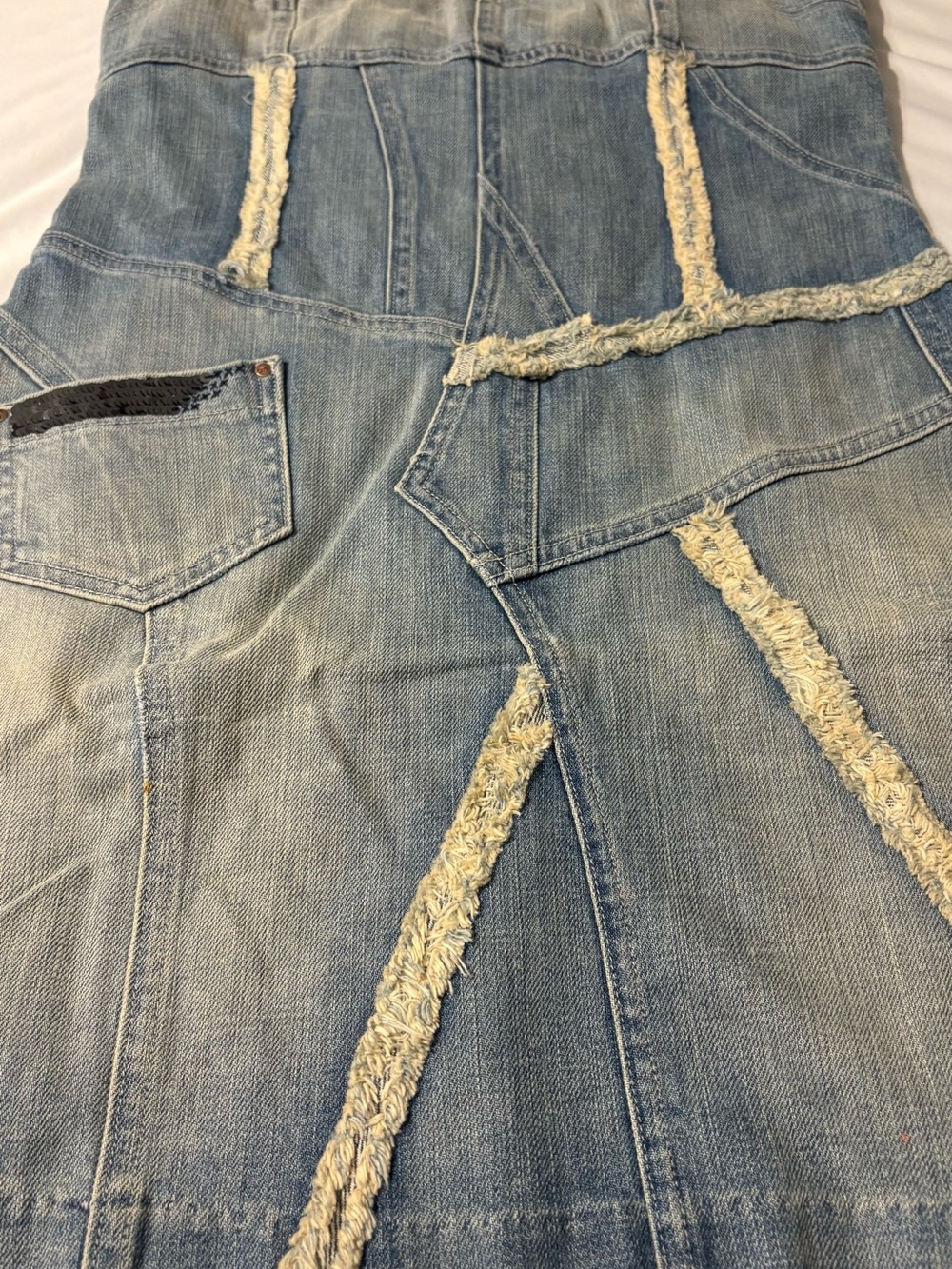 LaRok Light Blue Denim Overall Skirt with Frayed Trim